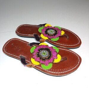 Leather African Maasai beaded Flip Flop Sandals size 7 Brown